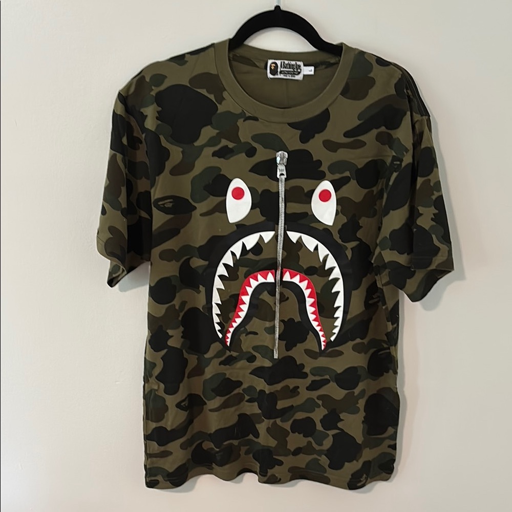 Bape Green and Red Short Sleeve Tee with Shark Design